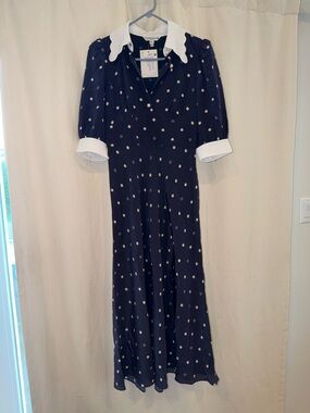 LK Bennett Navy Blue Polka Dot Midi Dress with White Collar & Cuffs